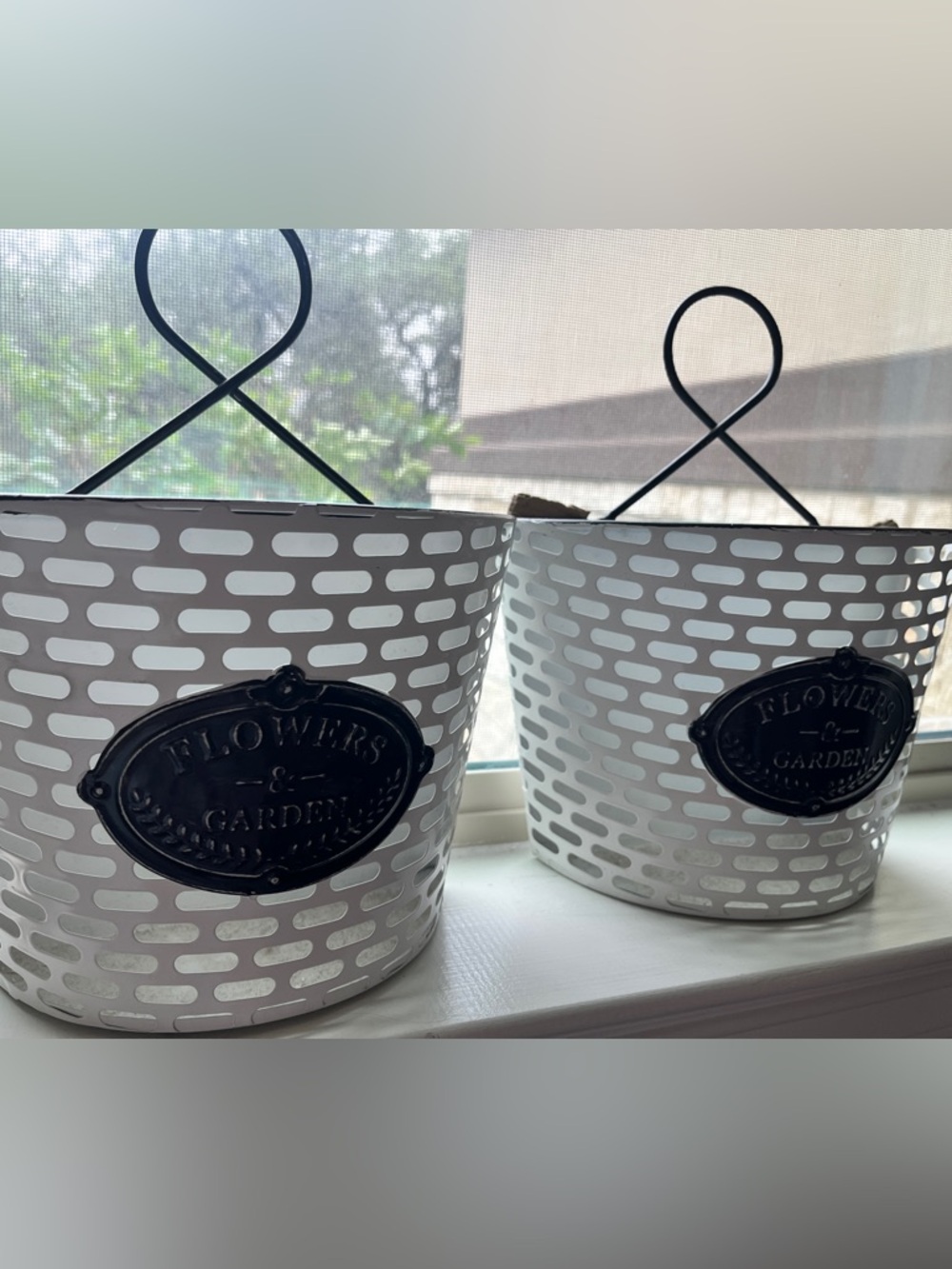 TWO wall barn French cottage style decorative metal flower planter - White